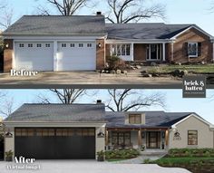 before and after pictures of a house with two garages on either side of it