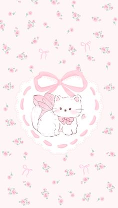 a white cat with pink bows on it's head sitting in front of flowers