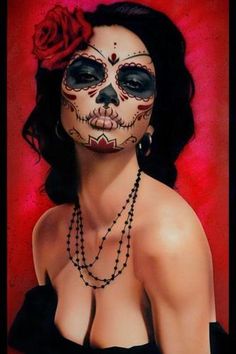 Mexican Skull Face Paint, Skeleton Makeup Day Of The Dead, Day Of The Dead Face Paint Simple, Mexican Sugar Skull Makeup, Sugar Skull Face Paint For Women, Red Day Of The Dead Makeup, Red Catrina Makeup, Mexican Skeleton Makeup