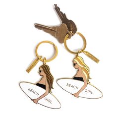 Beach girl keychain with blonde hair woman. Perfect keychain to have with your best friend. High quality enamel keychain you want to take anywhere you go. Our high quality enamel keychains are made with polished gold-plated metal, nickel free, and hard enamel.H 2 2/8 x W 2 1/4 inches (H 5.5cm x W 5.8cm)High quality smooth hard enamel Keyring Size : 1” (2.8cm)Presented on a backing card with gold foil stampingShip in a bubble mailer to keep it secureBrown Hair Keychain HERE Enamel Keychains, Hair Keychain, Girl Surfer, Enamel Keychain, Bday Wishlist, Girls Keychain, Car Deco, Gifts For Surfers, Beach Lover Gifts