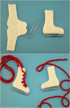 two pictures showing how to make felt shoes with scissors and yarns on the bottom