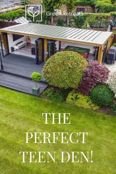 an aerial view of a house with the words, the perfect teen den on it