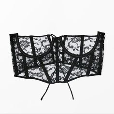 New 36b Black Strapless Corset Belt For Evening, Elegant Black Corset With Lace Trim, Elegant Lace Corset Belt, Black Fitted Lace Corset Belt, Black Lace Corset For Party, Black Lace Corset With Lace Trim, Black Corset Belt With Built-in Bra For Night Out, Black Strapless Lace Corset, Black Lace Underbust Corset