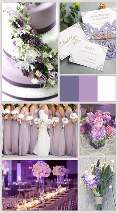 purple and white wedding color palettes with flowers on the top, bottom right corner