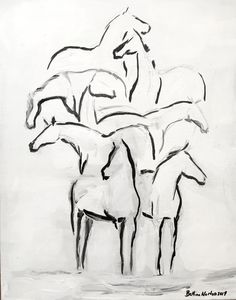 black and white drawing of three horses standing in front of each other on a sheet of paper