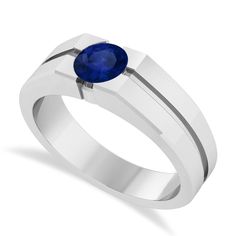 Men's Blue Sapphire Solitaire Fashion Ring 14k White Gold (1.00 ctw) Formal Lab-created Sapphire Ring With Polished Finish, Formal Polished Lab-created Sapphire Ring, Classic Sapphire Ring In 14k White Gold, Classic 14k White Gold Sapphire Ring With Polished Finish, Formal Polished Sapphire Ring With Round Band, Modern Sapphire Rings With Brilliant Cut, Classic Round Cut Sapphire Ring With Polished Finish, Modern Formal Sapphire Ring, White Gold Polished Sapphire Ring