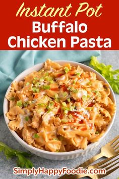 instant pot buffalo chicken pasta in a white bowl