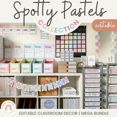 a classroom with lots of crafting supplies on the shelves and in front of it is a sign that says spotty pastes collection