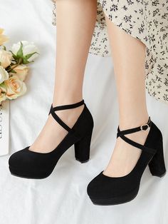 Negro  Collar     Embellished   Zapatos de Mujer Womens Mary Janes, Ankle Strap Pumps, Strap Pumps, Suede Pumps, Work Shoes, Chunky Heel, Womens Fall, Womens High Heels, Chunky Heels