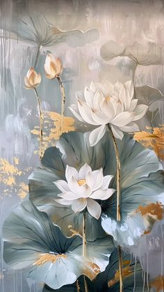 a painting of white flowers and leaves on a gray background with gold leafy accents