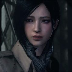 a close up of a person with black hair wearing a coat and scarf in a video game