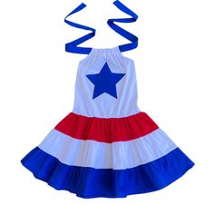 4th Of July Red White Blue Patriotic Twirl Dress Halter Style Handmade By Lil' Bug Clothing 100% Cotton Patriotic Blue Dresses For 4th Of July, Blue Patriotic Spring Dress, Red Patriotic Dress For 4th Of July, Patriotic Blue Sleeveless Dress, Patriotic Red Dresses For 4th Of July, Patriotic Sleeveless Red Dress, Bug Clothing, Dinosaur Dress, 4th Of July Dresses