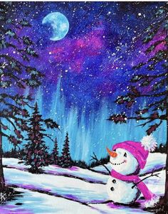 a painting of a snowman on a snowy night with the moon in the sky