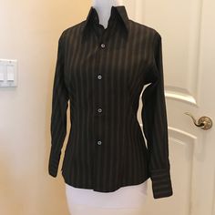 Nwot Craig Taylor Silk Career Blouse Is A Black , Copper And Bronze Stripe ( The Picture Of The Sleeve Is A Better Look A True Color ) . Never Worn , In New Condition. Very Well Made A Classy! Classic Fitted Office Blouse, Classic Fitted Blouse For Office, Classic Fitted Blouse For Business Casual, Fitted Blouse For Business Casual, Classic Fitted Black Shirt, Fitted Button-up Office Lady Blouse, Fitted Button-up Blouse For Professional Wear, Black Office Lady Blouse, Office Lady Black Blouse For Office