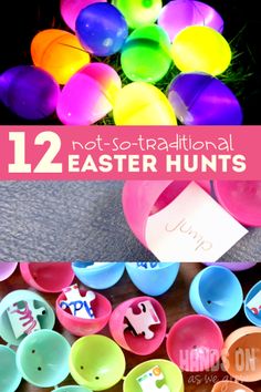 some colorful plastic cups and spoons with the words 12 national easter hunt on them