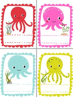 four square pictures with different colored octopus and sea animals on them, one is holding a plant