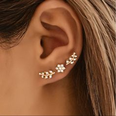 Gorgeous Rhinestone Flower Leaf Earrings Can Be Worn Separately Ear Climbers Earrings, Floral Studs, Climber Earrings, Stud Jewelry, Rhinestone Decor, Rhinestone Flower, Gold Rhinestone, Flower Earrings Studs, Stud Earrings Set