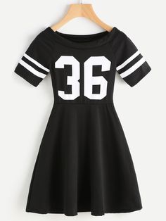 This just screams... I LOVE SPORTS, haha! I love the wide neck on this adorable dress PLUS I know it would hug my curves in all the right places. #plussizefashion #curvy Womens Black Shorts, Striped Sleeve, Black Women Fashion, Girls Fashion Clothes, Kawaii Clothes, Casual Summer Dresses, Teen Fashion Outfits, Cute Casual Outfits, Outfits For Teens