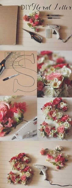 there are pictures of flowers being made on the table