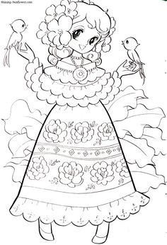 a coloring page with a girl in a dress and bird on her shoulder, surrounded by flowers