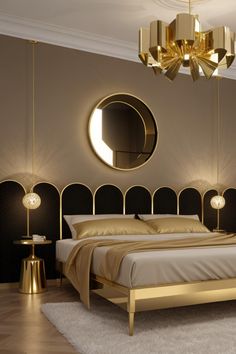 a modern bedroom with gold accents and round mirrors