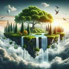 an island floating in the air surrounded by clouds and trees with birds flying around it