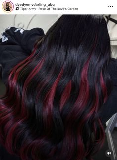 Black And Red Straight Hair, Dark Red Streaks In Black Hair, Colerd Hair, Bright Winter Hair Color, Cosmetology Ideas, Red Hair Tips, Two Color Hair, Deep Red Hair, Red Balayage Hair