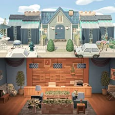 an animated view of a living room with furniture and decorations on the walls, in front of a house