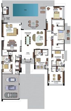 a floor plan for a house with two swimming pools and an outdoor pool in the middle