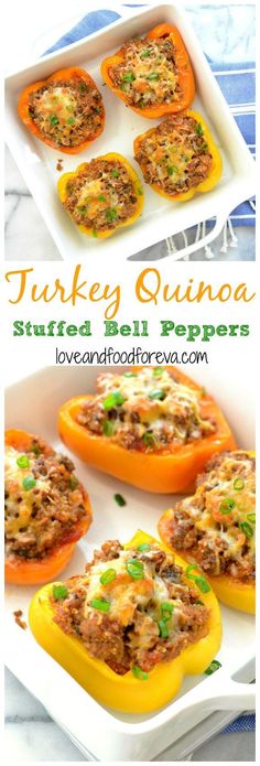 stuffed bell peppers with turkey quinoa in the middle on a white platter