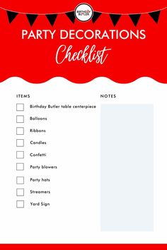 a party decoration checklist with red and black flags