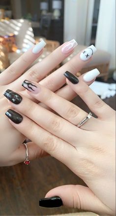 Nail Ideas With Smiley Face, Nail Art With Smiley Face, Nails With X Smiley Face, Cute Nails Acrylic Short Coffin, Acrylic Nail Designs Smiley Face, Acrylic Nail Designs Edgy, Short Nails With Flames, Short Acrylic Nails Flames