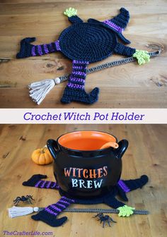 crochet witch pot holder is on the floor