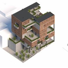 an architectural rendering of a three - story building with trees growing on the upper floors