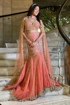 Coral fishcut lehenga with sequins, cutdana, pearls and crystals embroidery. Paired with yoke embroidered padded blouse and dupatta. - Aza Fashions Crystal Embroidery, Culture Fashion, Padded Blouse, Bridal Lehengas, Pink Mermaid, Designer Dresses Casual, Indian Wedding Outfits, Lehenga Designs, Couples Poses For Pictures