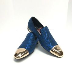 Amali Men's Slip on Royal Blue Shoes Metal Gold Toe and Spiked Heel Graphic Pattern with Swirls Smoking Slipper US Sizes 8.5 - 11 Spiked Heels, Sport Shoes Design, Royal Blue Shoes, White Dress Shoes, Club Shoes, Driving Moccasins, Black Dress Shoes, Oxford Dress Shoes, Spike Heels