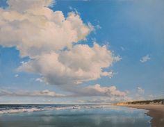 an oil painting of clouds and water on a beach with the ocean in the foreground