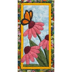 a painting of pink flowers with a butterfly on it's back and yellow border