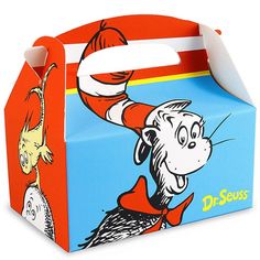 a dr seuss lunch box with an image of the cat in the hat on it