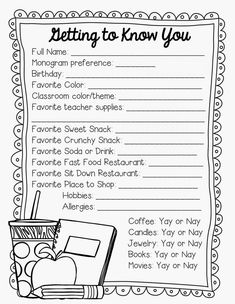 a coloring page with the words getting to know you and an apple in a cup