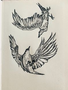 two birds flying next to each other on a white sheet with black ink and pen