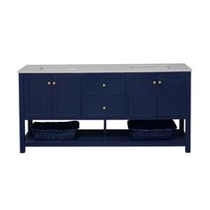 the double sink vanity is blue and has two sinks on each side, with baskets under it