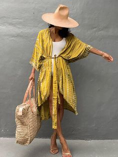 Color: Yellow, Size: One Size Beach Kimono, Summer Kimono, Yellow Ties, Elegant Pattern, Bohemian Look, Long Kimono, Beach Wear Dresses, Tie Styles, Beach Shirt