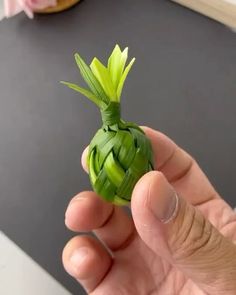 a hand holding a small green object in it's palm