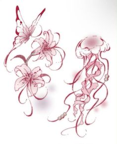 two drawings of flowers and butterflies on a white background, one is drawn with red ink