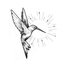 a black and white drawing of a hummingbird flying in the sky with sunbursts