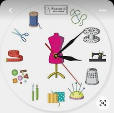 a clock with sewing related items on it