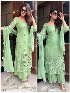 YK Long Kurti Plazo Set | www.gosmartonline.in To order call or whatsapp on  7776911411 Kurti With Palazzo, Latest Salwar Suits, New Kurti, Georgette Tops, Matching Couple, Salwar Kameez Designs, Designer Dresses Indian