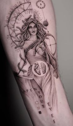 a woman's arm with a clock and compass tattoo on the left inner arm