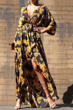 gilded scroll print long sleeve v-neck slit maxi dress-Dress-Maxi-Dress Day-Black-DD1818-1-RK Collections Boutique Brand Dress, Dress With Tie, Woven Dress, Black Maxi Dress, Elegant Dress, Black Media, Dress Brands, Black Fabric, New Dress